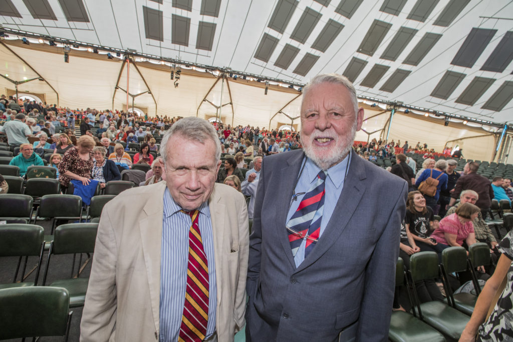 Llangollen International Musical Eisteddfod 2016. Day President Martin Bell with President Terry Waite in the Pavilion.