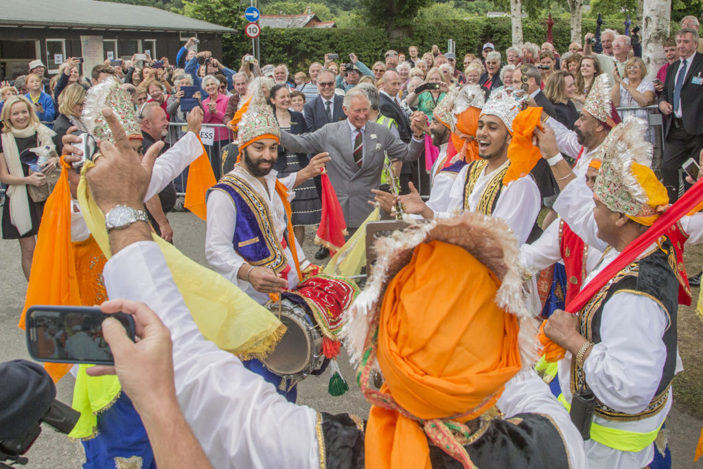 Prince Charles visit to Llangollen International Musical Eisteddfod dances with Sheerer Punjabi Dancers